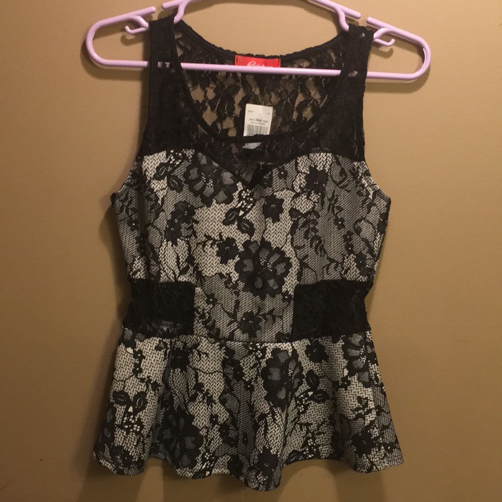 Black and White Lace Sheer Peplum Top